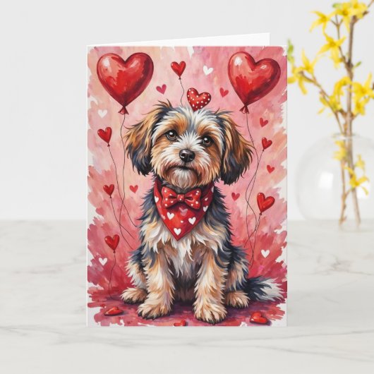 Havanese Valentine’s Day Dog with Hearts Red カード (黄色い花)