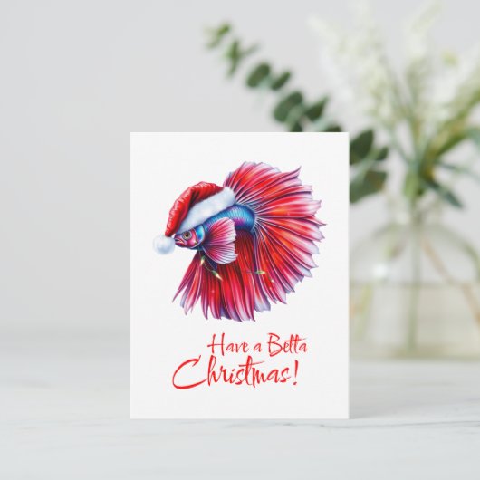 Have a Betta Christmas Funny Santa Fish Lover Pun ポストカード (スタンド正面)