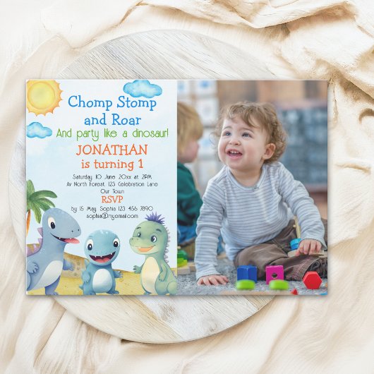 Have fun like a Dinosaur, Birthday boy with photo 招待状