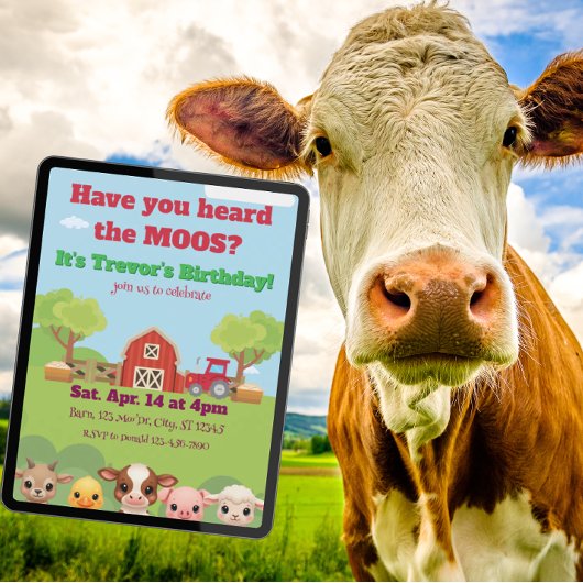 Have you heard the Moos, Barnyard animal Birthday 招待状
