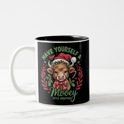 Have Yourself A Mooey Little Xmas Highland Cow ツートーンマグカップ (左)