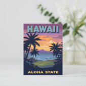 Hawaii Aloha State Vintage Sunset Palm Trees ポストカード (スタンド正面)