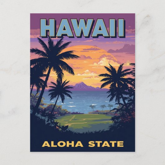 Hawaii Aloha State Vintage Sunset Palm Trees ポストカード (正面)