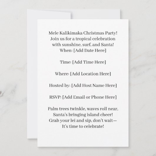 Hawaii christmas  party Hawaii “Mele Kalikimaka!”  招待状 (裏面)