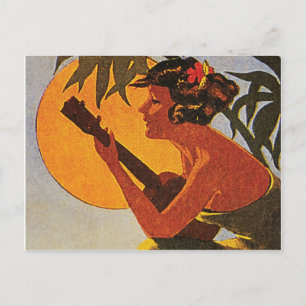 Hawaii girl playing ukulele on romantic sunset ポストカード