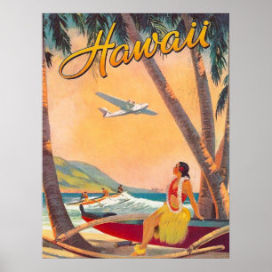 Hawaii, hula girl on tropic coast, vintage airline ポスター