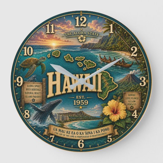 Hawaii State Heritage Island Map Sea Turtle ラージ壁時計 (正面)