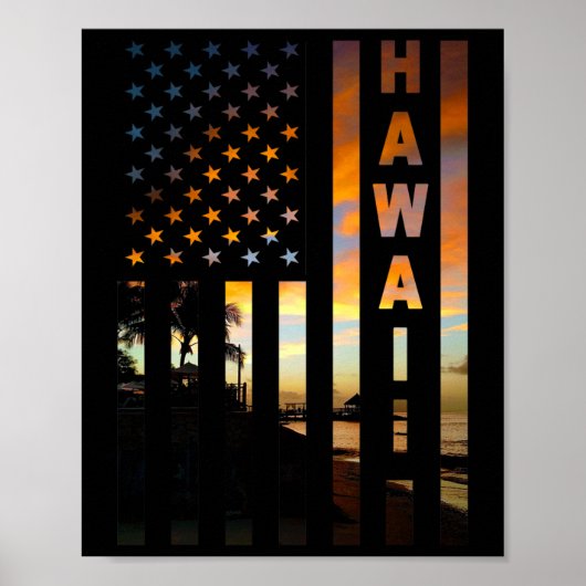 Hawaii Sunset American Flag Honolulu Hawaiian Isla ポスター (正面)