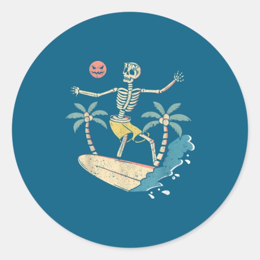 Hawaii Surfer Skeleton Halloween Beach Y Soky Surf ラウンドシール (正面)