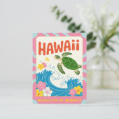 Hawaii USA Retro Sea Turtle Hibiscus Mahalo ポストカード (スタンド正面)