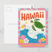 Hawaii USA Retro Sea Turtle Hibiscus Mahalo ポストカード (正面/裏面)