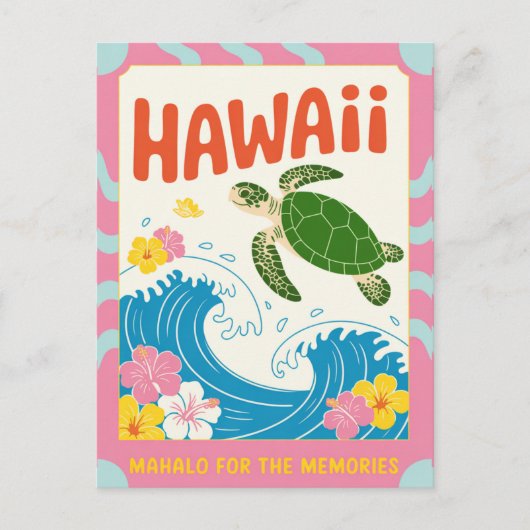 Hawaii USA Retro Sea Turtle Hibiscus Mahalo ポストカード (正面)
