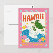 Hawaii USA Vintage Sea Turtle Hibiscus Mahalo ポストカード (正面/裏面)