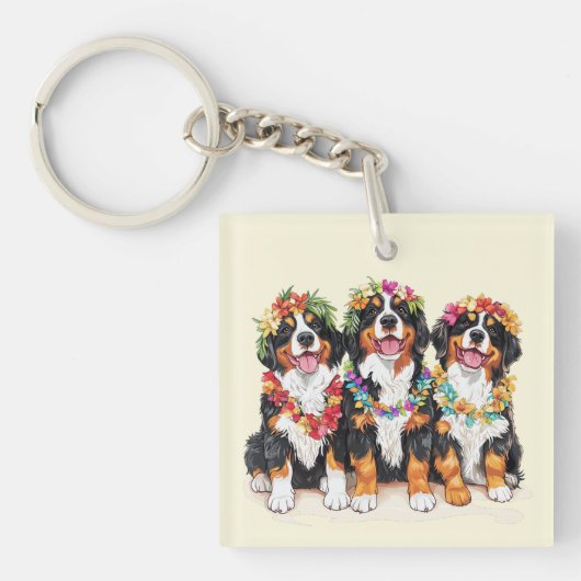 Hawaiian Bernese Mountain Dogs Flower Lei キーホルダー (正面)