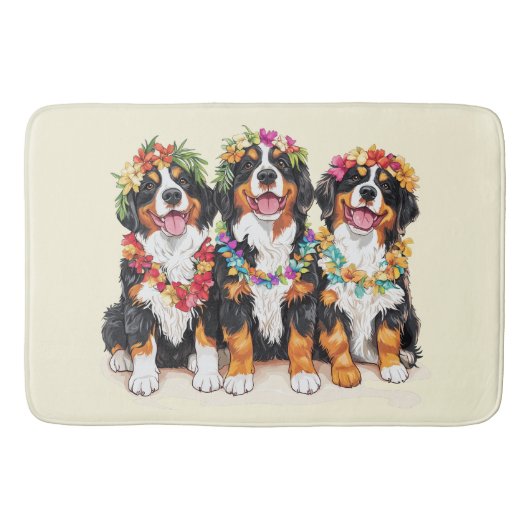 Hawaiian Bernese Mountain Dogs Flower Lei バスマット (正面)