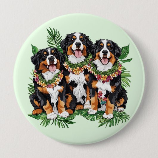 Hawaiian Bernese Mountain Dogs Flower Lei 缶バッジ (正面)