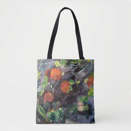 Hawaiian flora black and red Tote トートバッグ (正面)