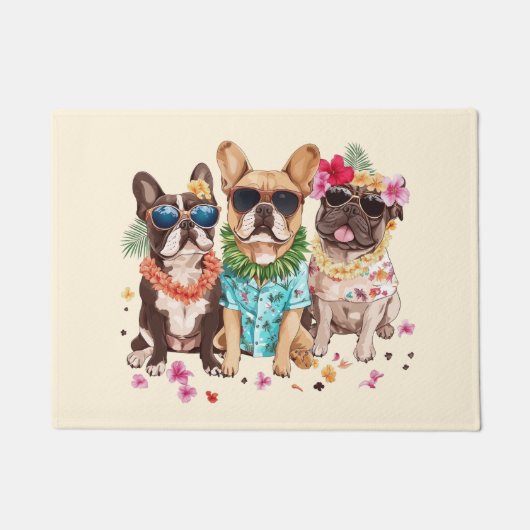 Hawaiian French Bulldogs Flower Lei ドアマット (正面)