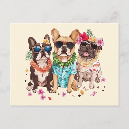 Hawaiian French Bulldogs Flower Lei ポストカード (正面)