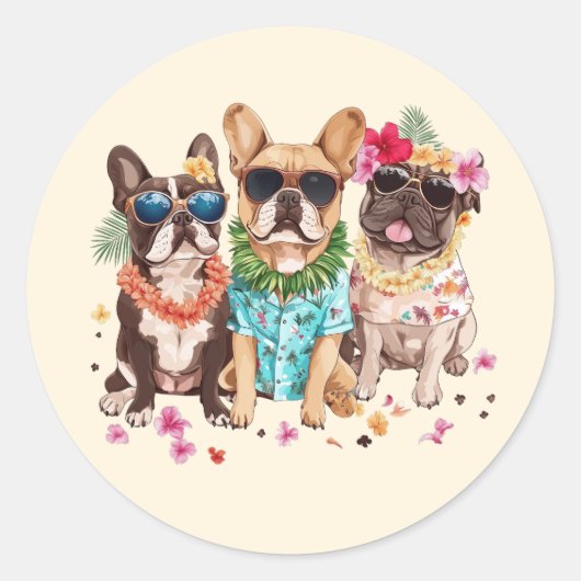 Hawaiian French Bulldogs Flower Lei ラウンドシール (正面)