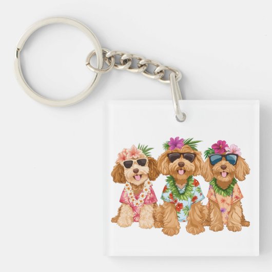 Hawaiian Goldendoodle Dogs Flower Lei キーホルダー (正面)