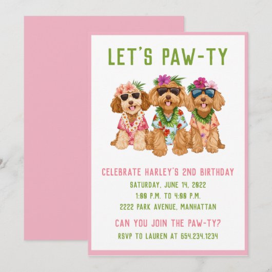 Hawaiian Goldendoodle Dogs Flower Lei 招待状 (正面/裏面)