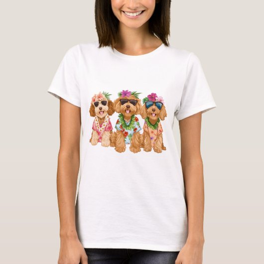 Hawaiian Goldendoodle Dogs Flower Lei Tシャツ (正面)