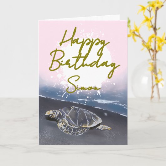 Hawaiian Sea Turtle Birthday Card カード (黄色い花)