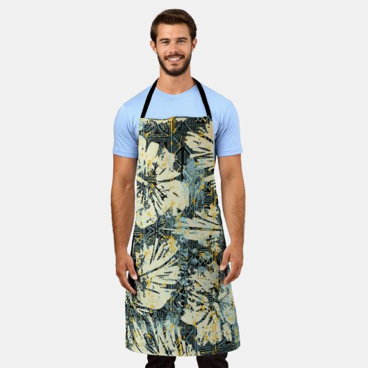 Hawaiian style hibiscus fabric with tribal backgro エプロン (着用した状態)