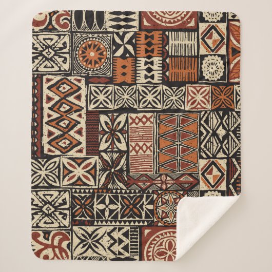 Hawaiian style tapa tribal fabric abstract patchwo シェルパブランケット (正面)
