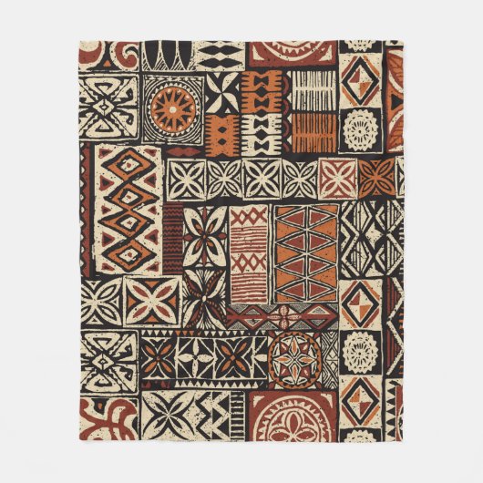 Hawaiian style tapa tribal fabric abstract patchwo フリースブランケット (正面)