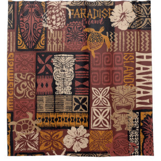 Hawaiian style tribal motif fabric patchwork abstr シャワーカーテン