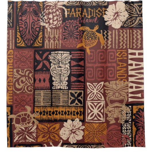 Hawaiian style tribal motif fabric patchwork abstr シャワーカーテン (正面)