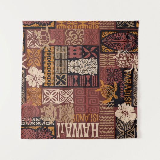 Hawaiian style tribal motif fabric patchwork abstr タペストリー (正面(横))