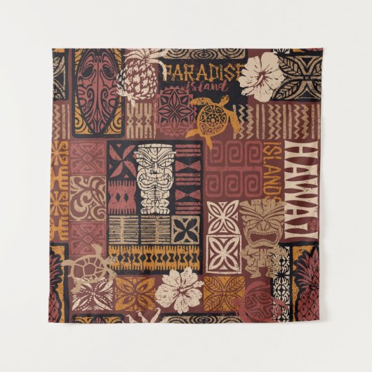Hawaiian style tribal motif fabric patchwork abstr タペストリー (正面)