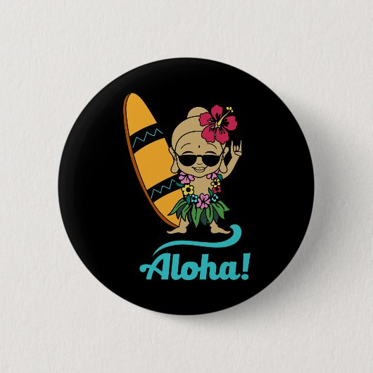 Hawaiian Surfing Buddha Aloha Hawaii Beach Yoga 缶バッジ (正面)