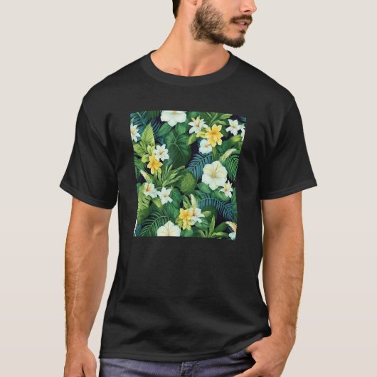 Hawaiian Tropical Flower Leaf Pattern Beach Vacati Tシャツ (正面)