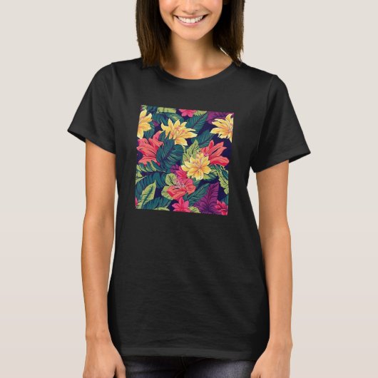 Hawaiian Tropical Flower Leaf Pattern Beach Vacati Tシャツ (正面)