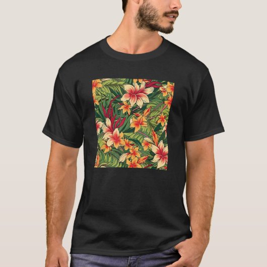 Hawaiian Tropical Flower Leaf Pattern Beach Vacati Tシャツ (正面)