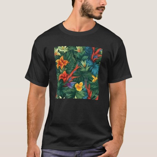 Hawaiian Tropical Flower Leaf Pattern Beach Vacati Tシャツ (正面)