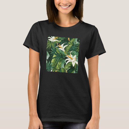 Hawaiian Tropical Flower Leaf Pattern Beach Vacati Tシャツ (正面)