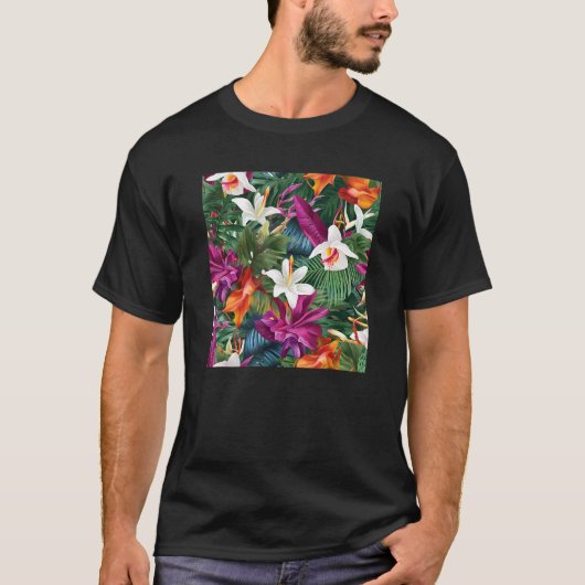 Hawaiian Tropical Flower Leaf Pattern Beach Vacati Tシャツ (正面)