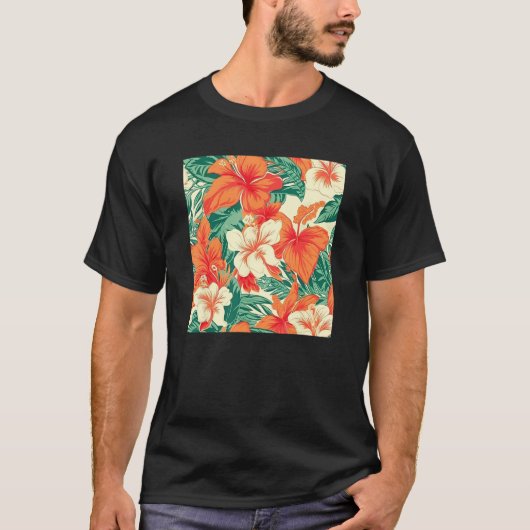 Hawaiian Tropical Flower Leaf Pattern Beach Vacati Tシャツ (正面)