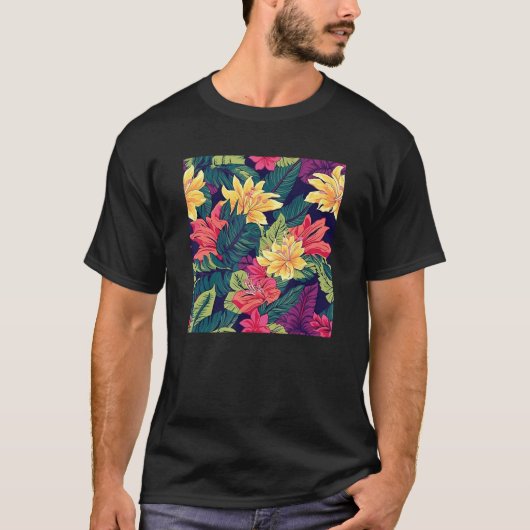 Hawaiian Tropical Flower Leaf Pattern Beach Vacati Tシャツ (正面)