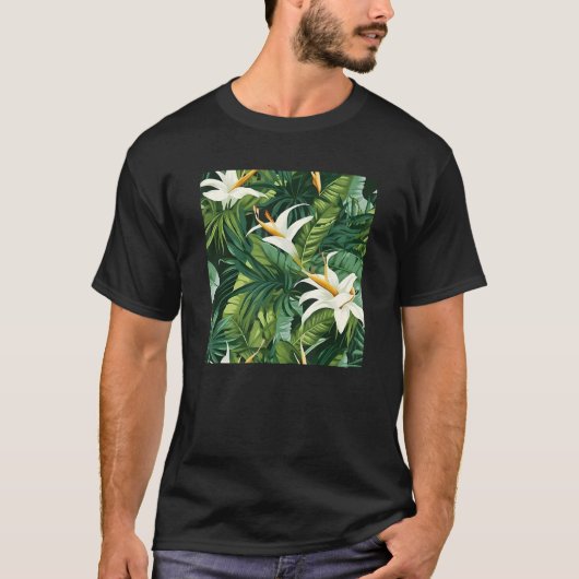 Hawaiian Tropical Flower Leaf Pattern Beach Vacati Tシャツ (正面)