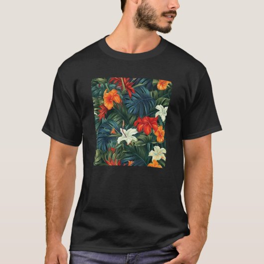 Hawaiian Tropical Flower Leaf Pattern Beach Vacati Tシャツ (正面)