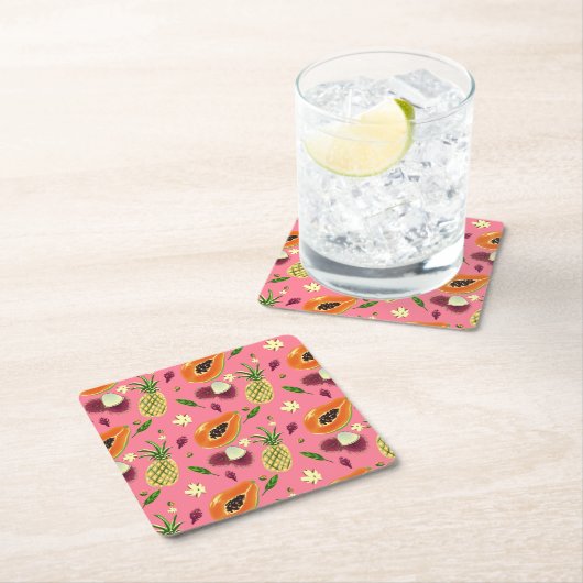 Hawaiian Tropical Fruit Pattern Coaster Coral スクエアペーパーコースター (インサイチュ)