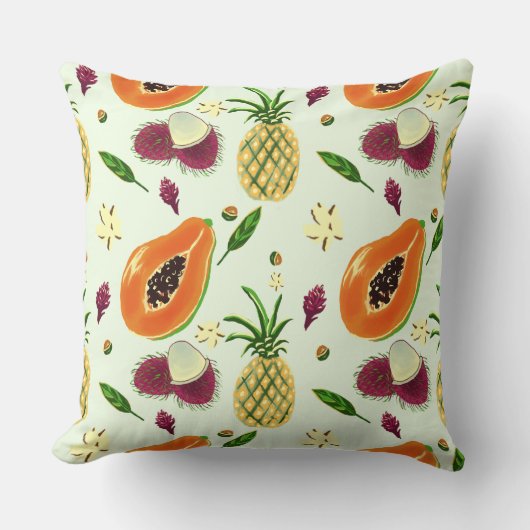 Hawaiian Tropical Fruit Pattern Throw Pillow Cream クッション (正面)