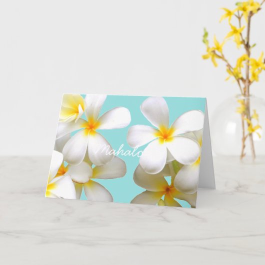Hawaiian white plumeria greeting card blue カード (黄色い花)