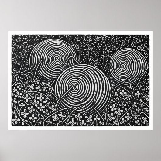 Hay Bales And Clover Large Linocut Print ポスター (正面)